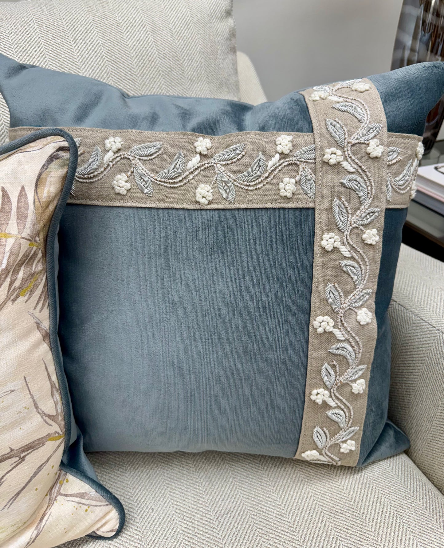 Blue Velvet Pillow w/ Offset Tape