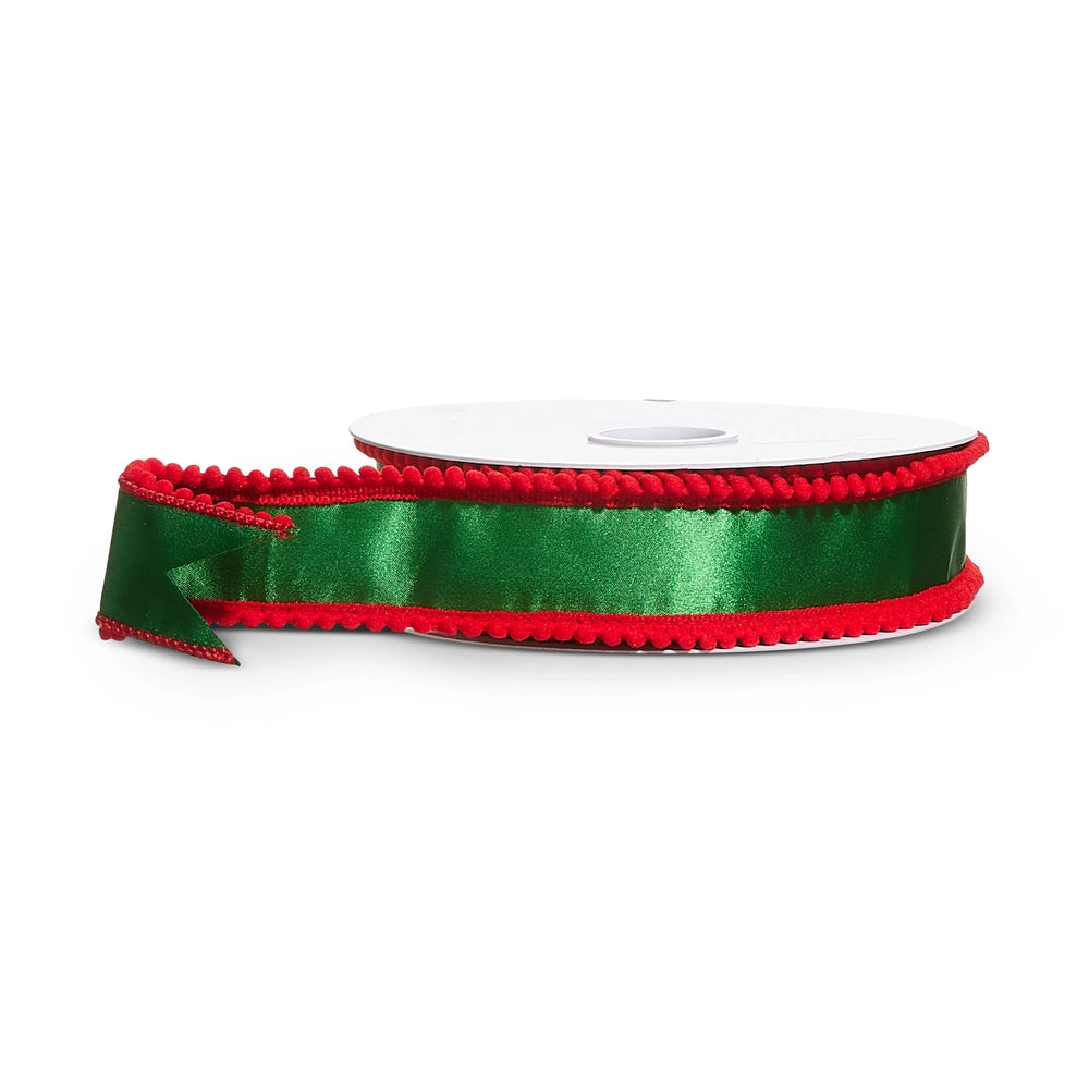 Green Satin with Red Pom Pom Edge Wired Ribbon