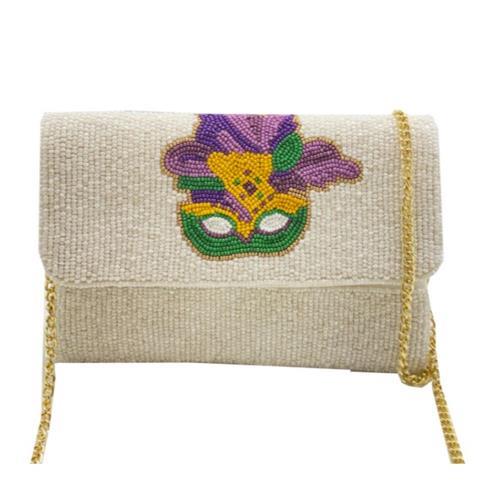 Ivory Beaded Clutch with Mardi Gras Mask