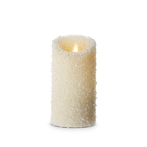 White Iced Moving Flame Pillar Candle