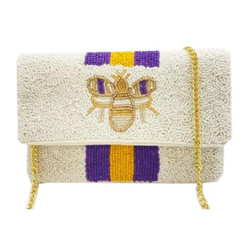 Bee Beaded Clutch with Purple and Yellow Stripe