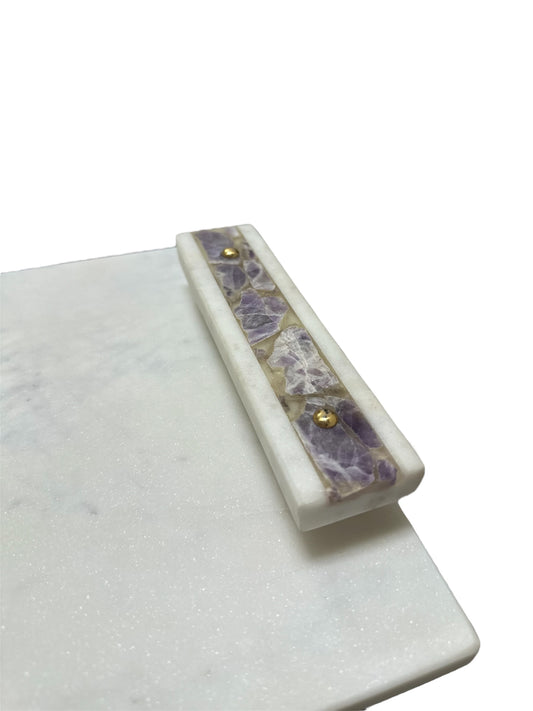 White Marble Tray with Amethyst Inlay Handle