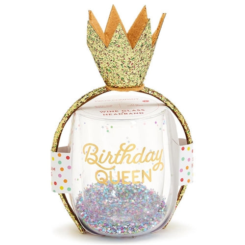 Stemless Birthday Queen Wine Glass and Glitter Crown Headband