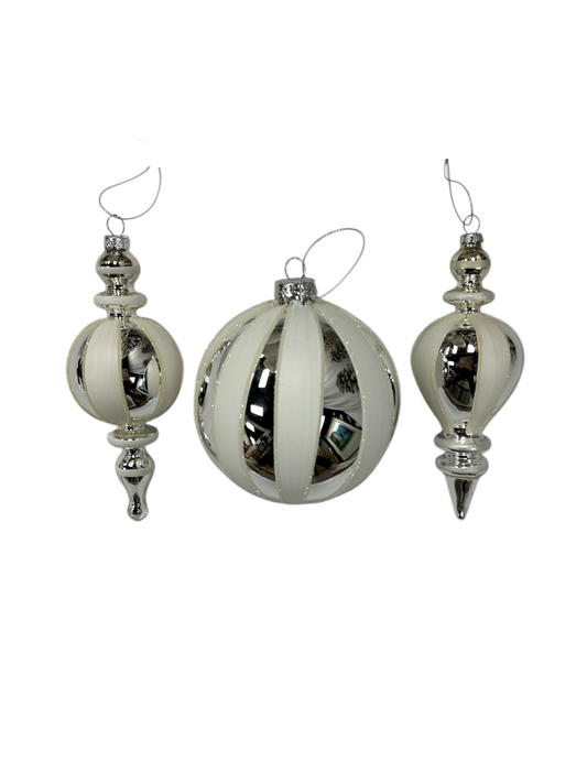 White & Silver Striped Glass Ornament, 3 Style Options