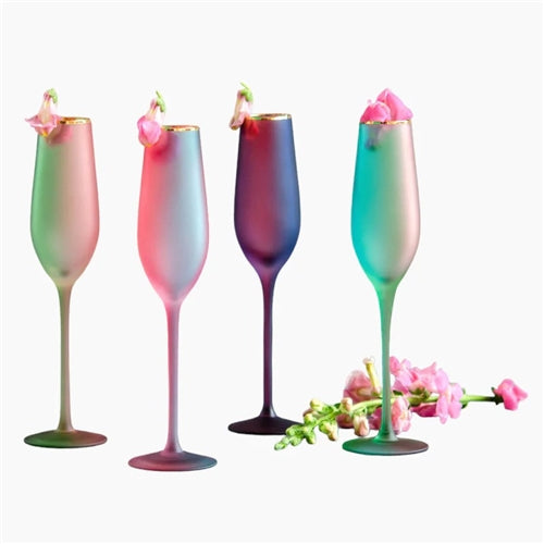 Frosted Rainbow Champagne Flute with Gold Rim, 4 Assortment Colors