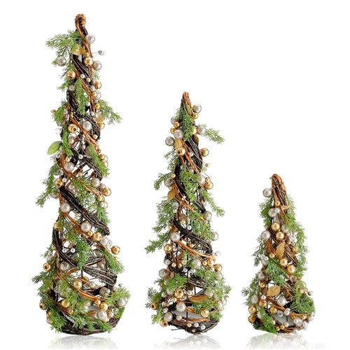 Christmas Trees With Pearls and Greenery - Set of 3