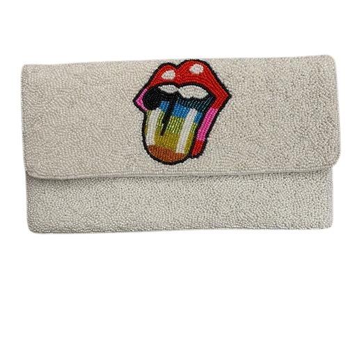 Ivory Beaded Clutch with Multi-Colored Tongue