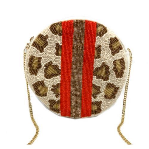 Round Leopard Clutch with Red Stripe