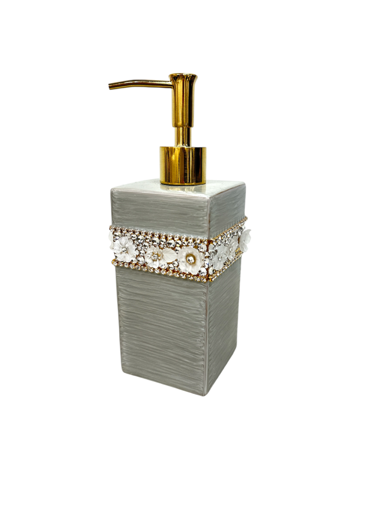 Soap / Lotion Pump - Cream & Ivory with 3D Flowers and Gold Crystals