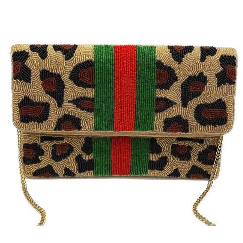 Leopard Clutch with Red and Green Stripe