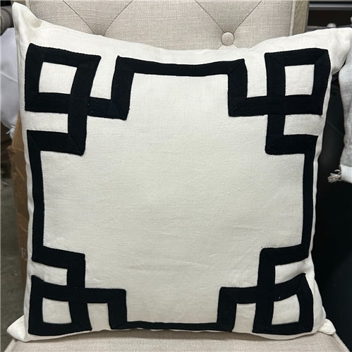 Square White Linen Pillow w/ Black Geometric - 19.5 inch