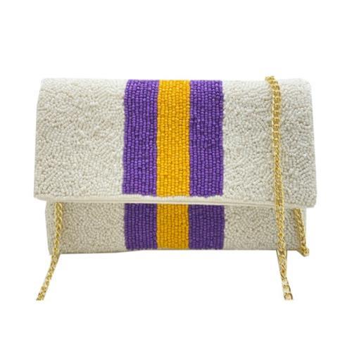 Ivory Beaded Clutch with Purple and Yellow Stripe