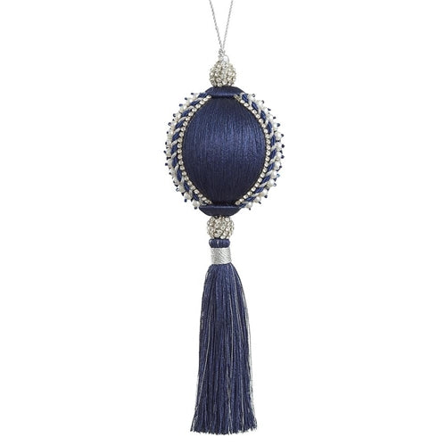 Blue & Silver Jeweled Ball Ornament With Tassel,  8"