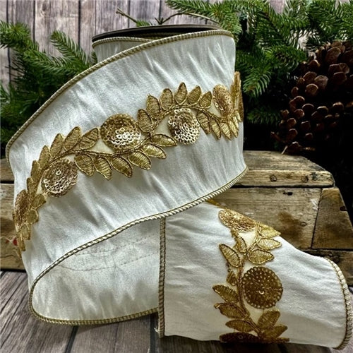 Ivory Dupion with Gold Sequin Center Vine, 2.5" x 5 Yards