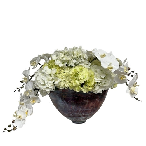 Hydrangea and Orchid Assortment in Oval Red Murano Glass Vase